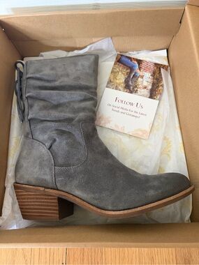 NWTs Sofft Gray Suede Mid-Calf Boot with Stacked Heel